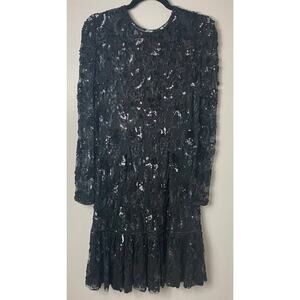 VINTAGE JUDITH ANN DRESS M BLACK SEQUIN BEADED TIERED RUFFLE SHEER MESH LACE